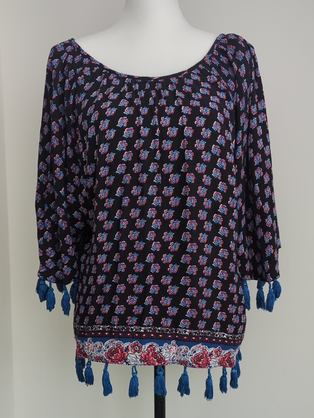 Kensie Boho Floral Tassel Border Print Tunic Blouse Navy Blue LARGE